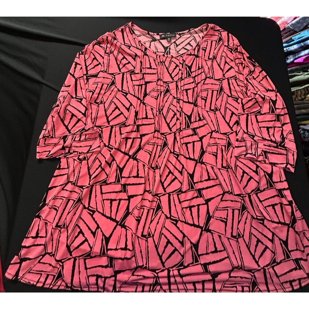 N Touch 3X Pink Black Pleated Blouse Stretch Career Plus Size 3/4 Slv Split Hem